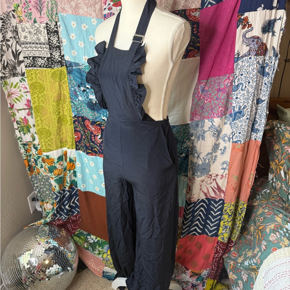 pushBUTTON Navy Ruffle Silk Overalls
